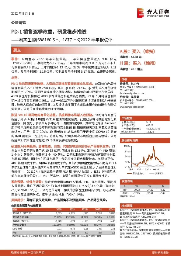 2022半年报点评：PD-1销售逐季改善，研发稳步推进