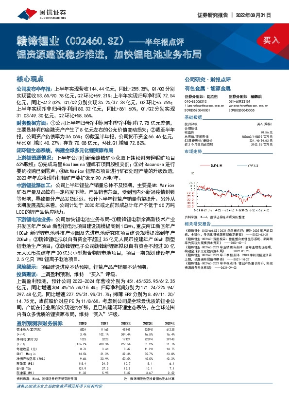 半年报点评：锂资源建设稳步推进，加快锂电池业务布局