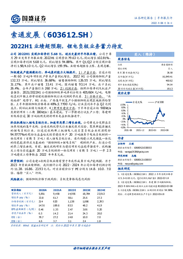 2022H1业绩超预期，锂电负极业务蓄力待发