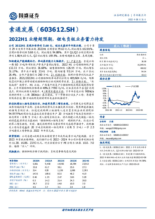 2022H1业绩超预期，锂电负极业务蓄力待发