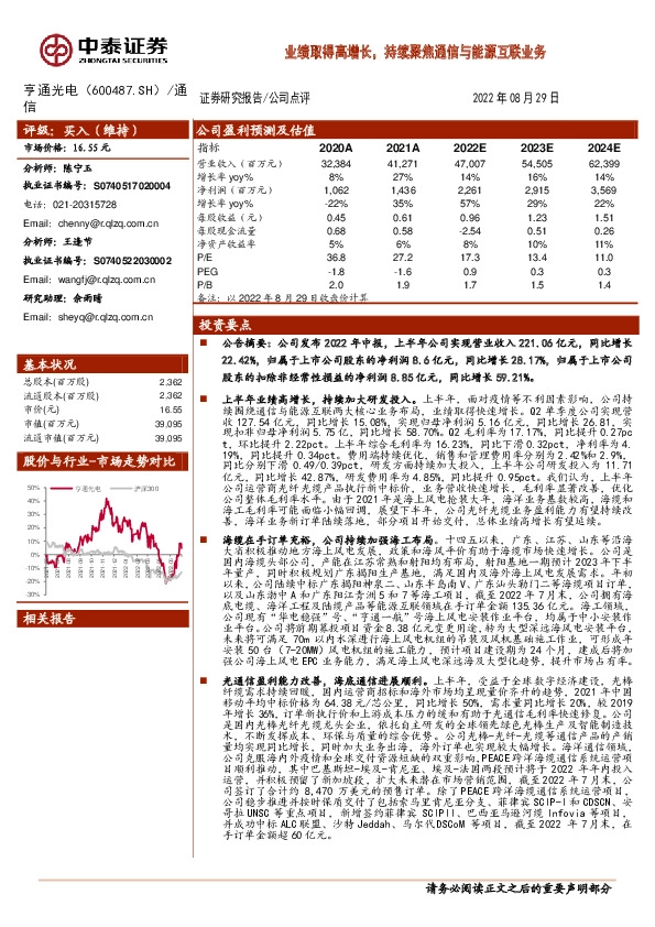 业绩取得高增长，持续聚焦通信与能源互联业务