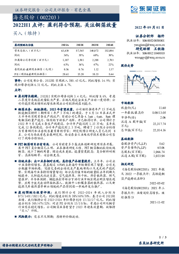 2022H1点评：盈利符合预期，关注铜箔放量