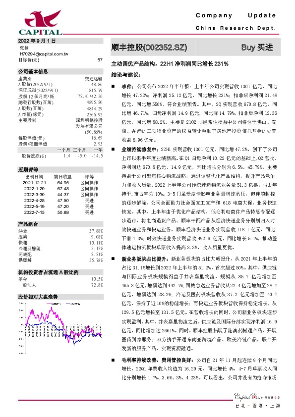 主动调优产品结构，22H1净利润同比增长231%