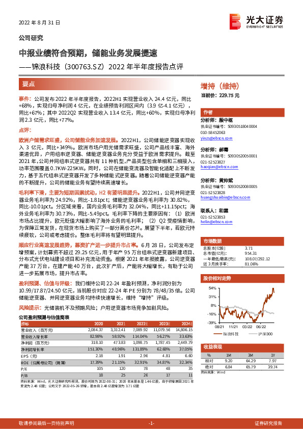 2022年半年度报告点评：中报业绩符合预期，储能业务发展提速