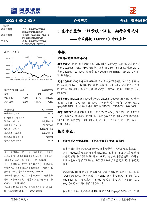 中报点评：三重冲击叠加，1H亏损194亿，期待供需反转