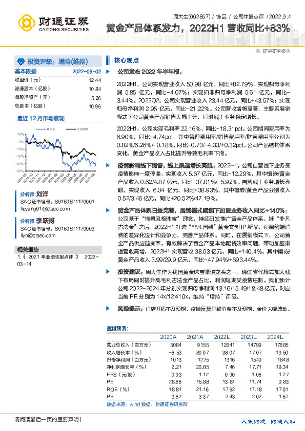 黄金产品体系发力，2022H1营收同比+83%