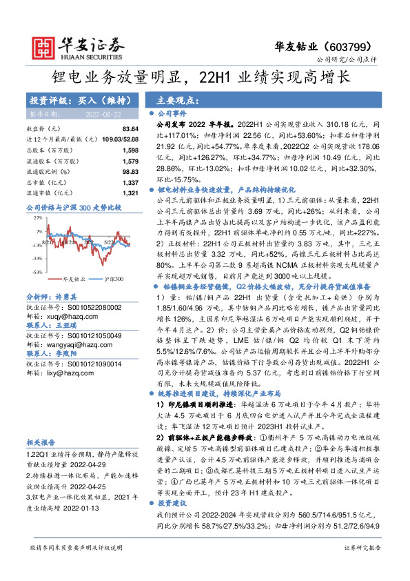 锂电业务放量明显，22H1业绩实现高增长