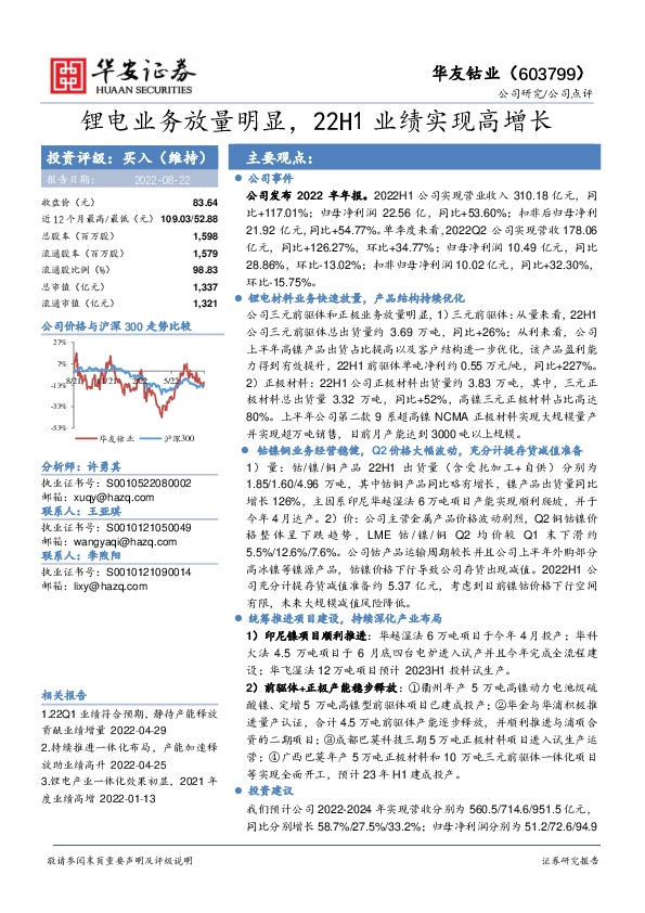 锂电业务放量明显，22H1业绩实现高增长
