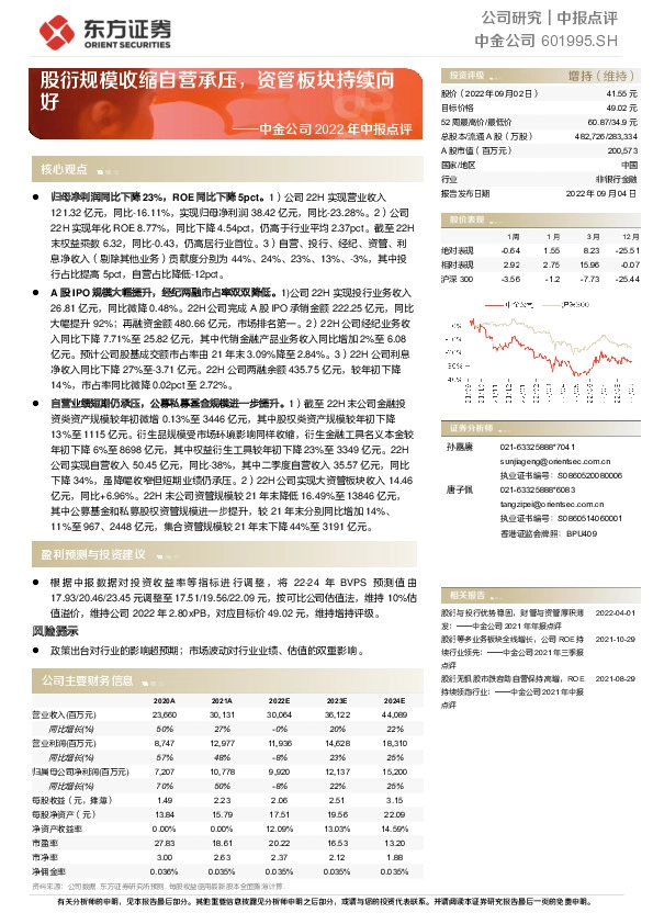 中金公司2022年中报点评：股衍规模收缩自营承压，资管板块持续向好