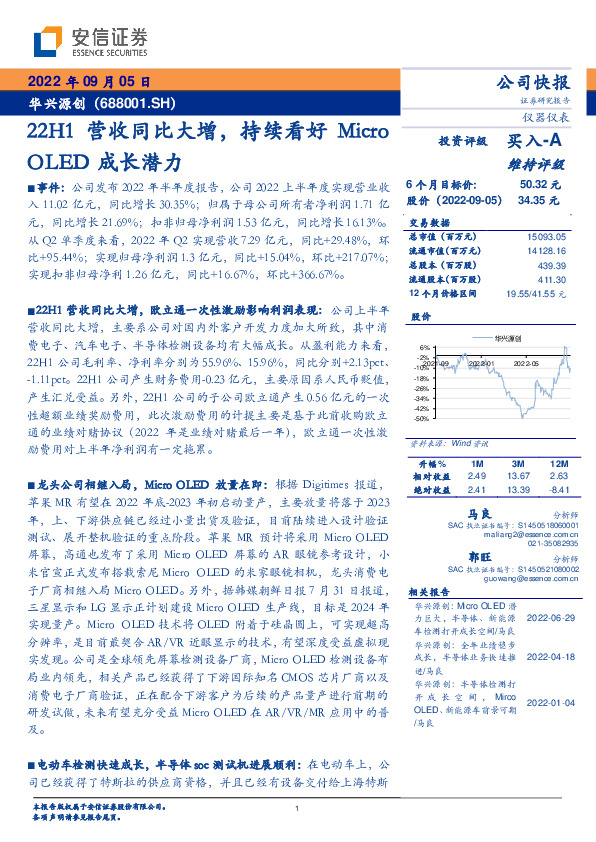 22H1营收同比大增，持续看好Micro OLED成长潜力