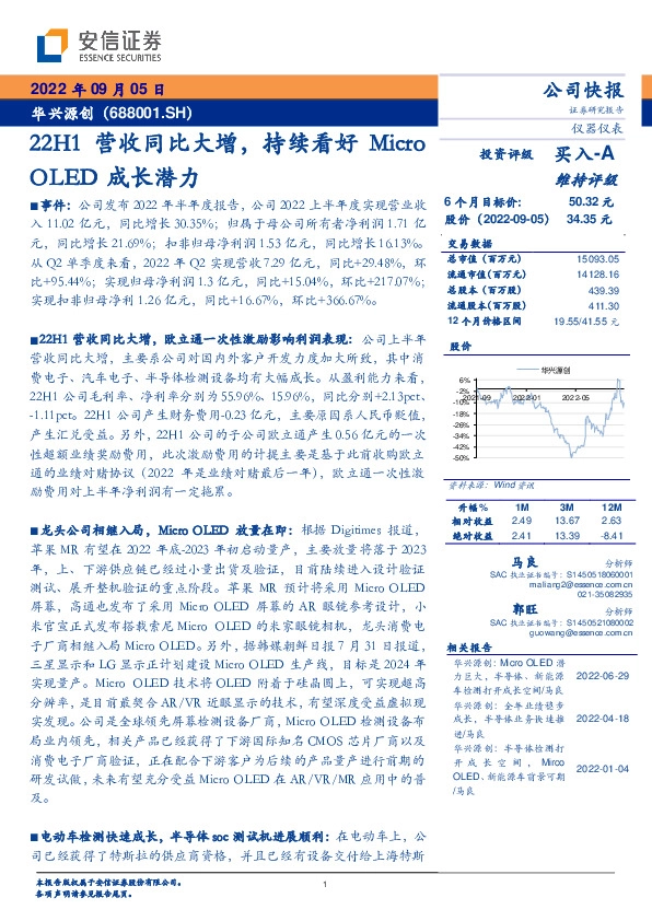 22H1营收同比大增，持续看好Micro OLED成长潜力