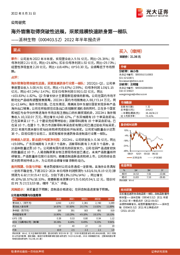 2022年半年报点评：海外销售取得突破性进展，采浆规模快速跻身第一梯队