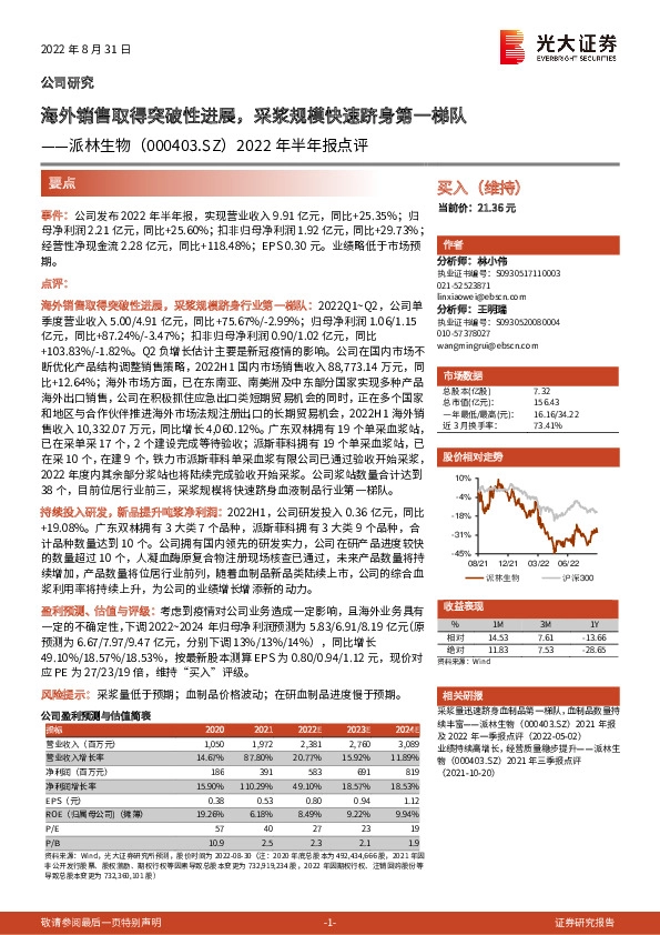 2022年半年报点评：海外销售取得突破性进展，采浆规模快速跻身第一梯队