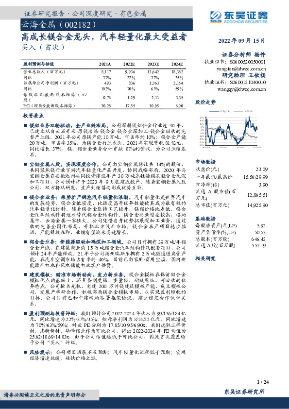 高成长镁合金龙头，汽车轻量化最大受益者
