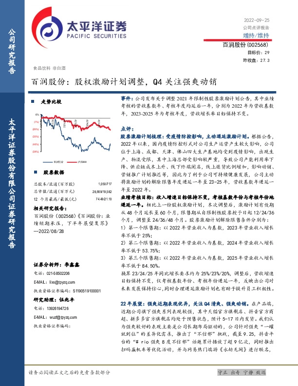 百润股份：股权激励计划调整，Q4关注强爽动销
