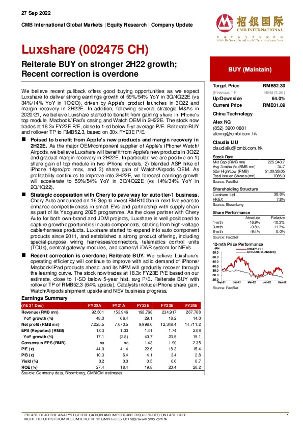 Reiterate BUY on stronger 2H22 growth;Recent correction is overdone