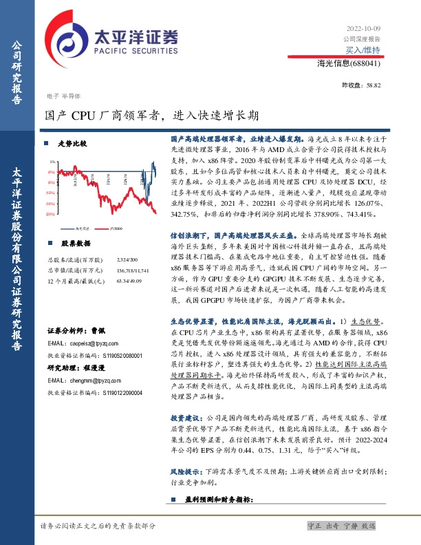 国产CPU厂商领军者，进入快速增长期