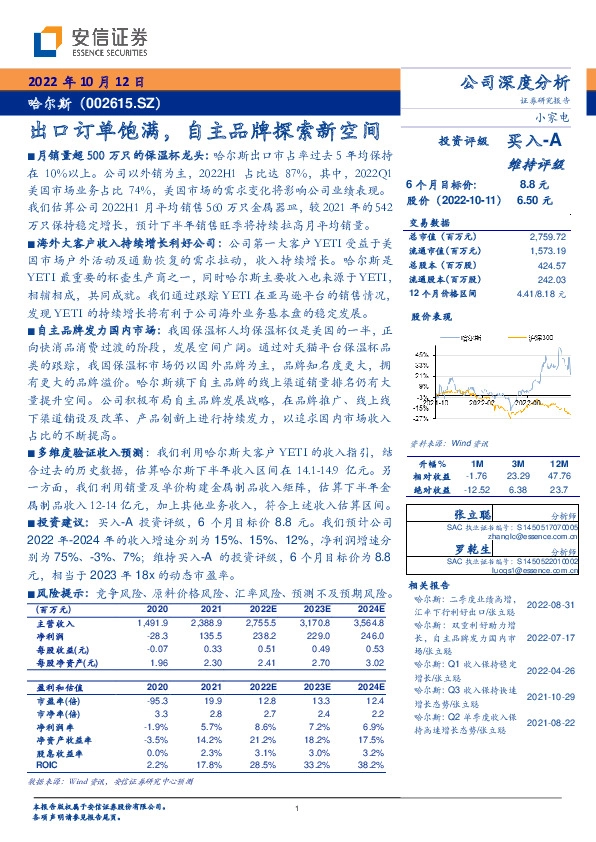 出口订单饱满，自主品牌探索新空间
