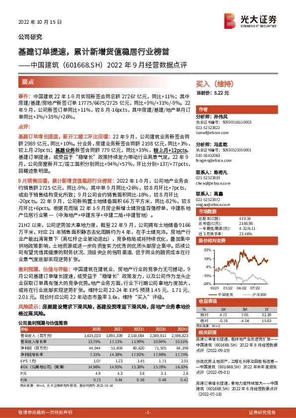 2022年9月经营数据点评：基建订单提速，累计新增货值稳居行业榜首