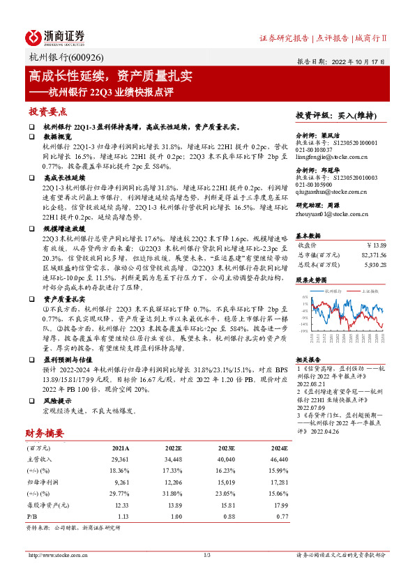 杭州银行22Q3业绩快报点评：高成长性延续，资产质量扎实