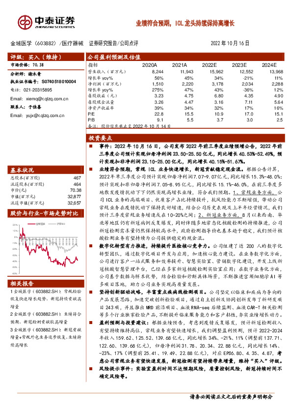 业绩符合预期，ICL龙头持续保持高增长