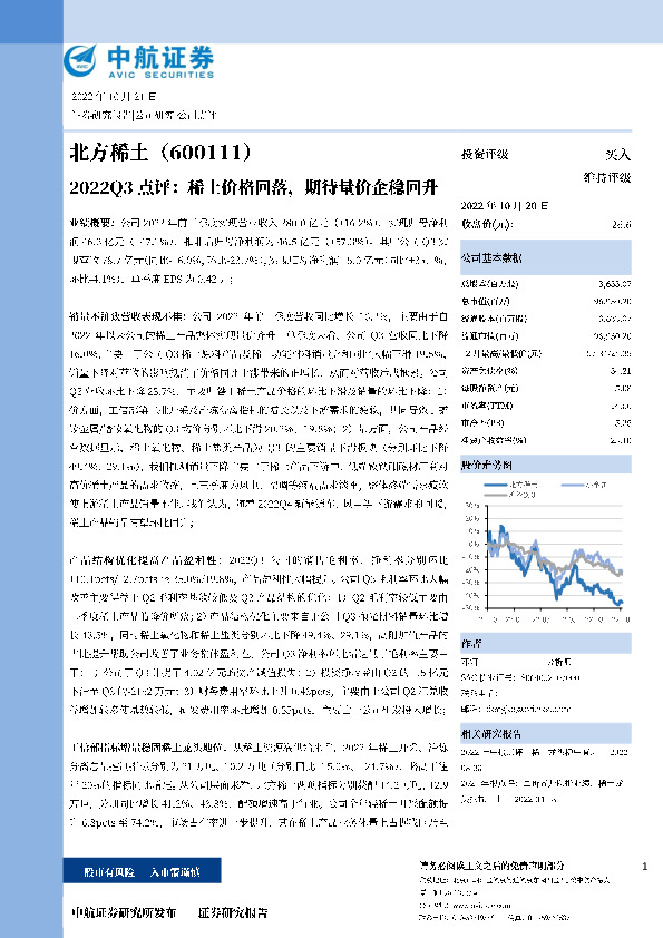2022Q3点评：稀土价格回落，期待量价企稳回升