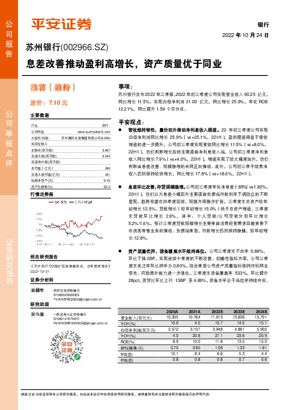 息差改善推动盈利高增长，资产质量优于同业