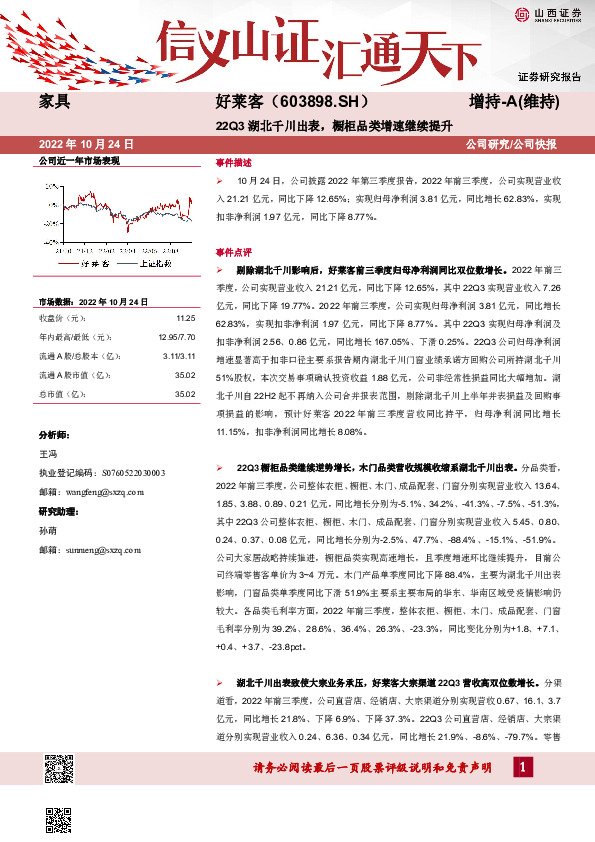22Q3湖北千川出表，橱柜品类增速继续提升