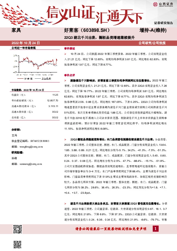 22Q3湖北千川出表，橱柜品类增速继续提升