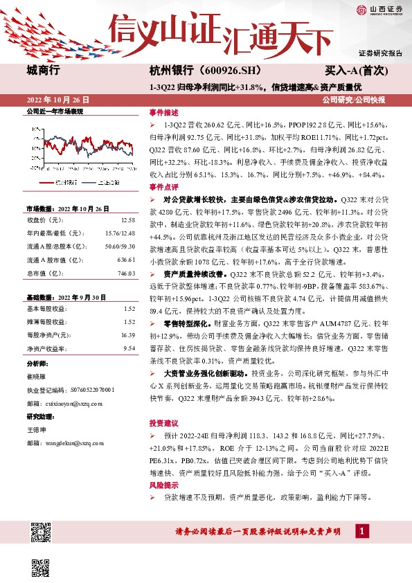 1-3Q22归母净利润同比+31.8%，信贷增速高&资产质量优