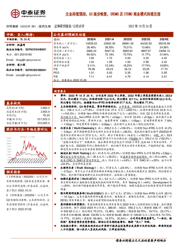 主业持续强劲，Q3逐步恢复，CRDMO及CTDMO商业模式持续兑现