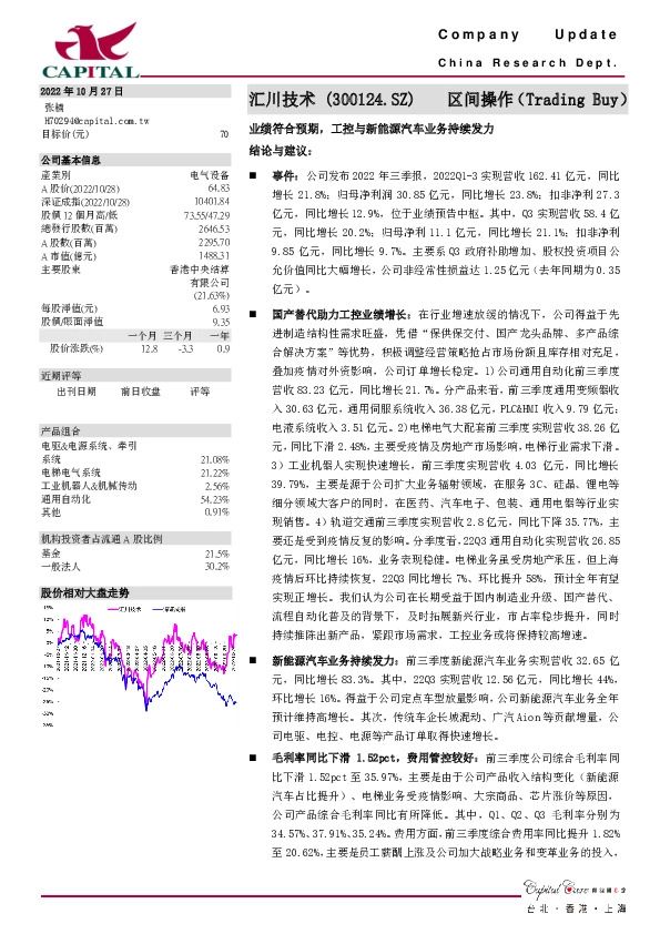 业绩符合预期，工控与新能源汽车业务持续发力