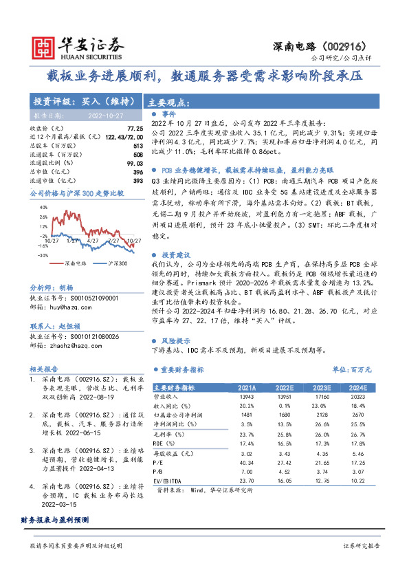 载板业务进展顺利，数通服务器受需求影响阶段承压