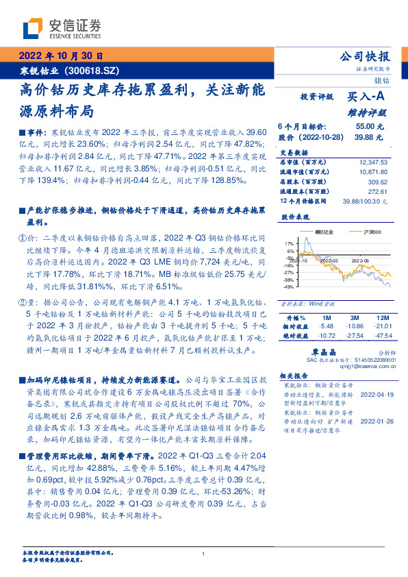 高价钴历史库存拖累盈利，关注新能源原料布局