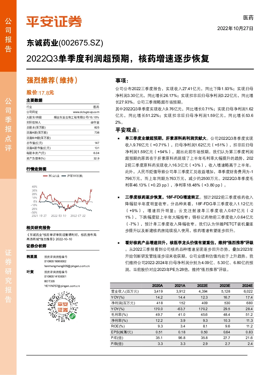 2022Q3单季度利润超预期，核药增速逐步恢复