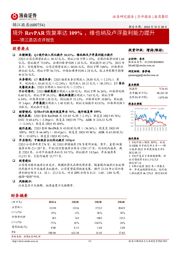 锦江酒店点评报告：境外RevPAR恢复率达109%，维也纳及卢浮盈利能力提升