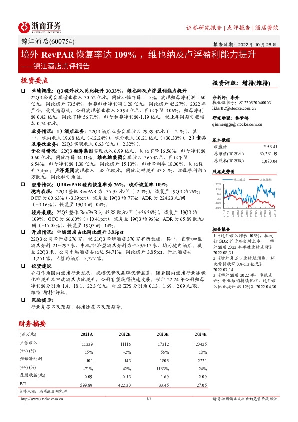 锦江酒店点评报告：境外RevPAR恢复率达109%，维也纳及卢浮盈利能力提升