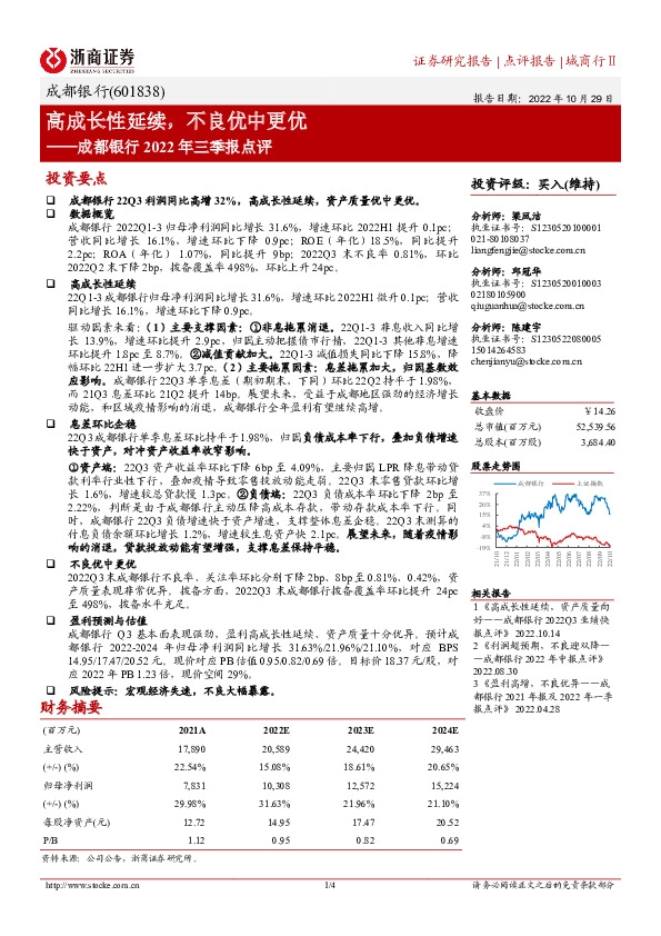成都银行2022年三季报点评：高成长性延续，不良优中更优