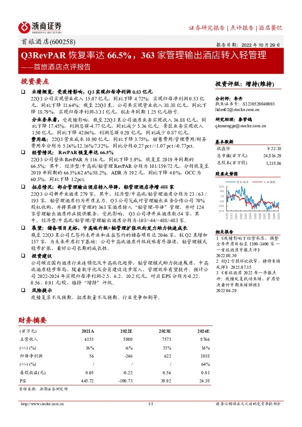 首旅酒店点评报告：Q3RevPAR恢复率达66.5%，363家管理输出酒店转入轻管理