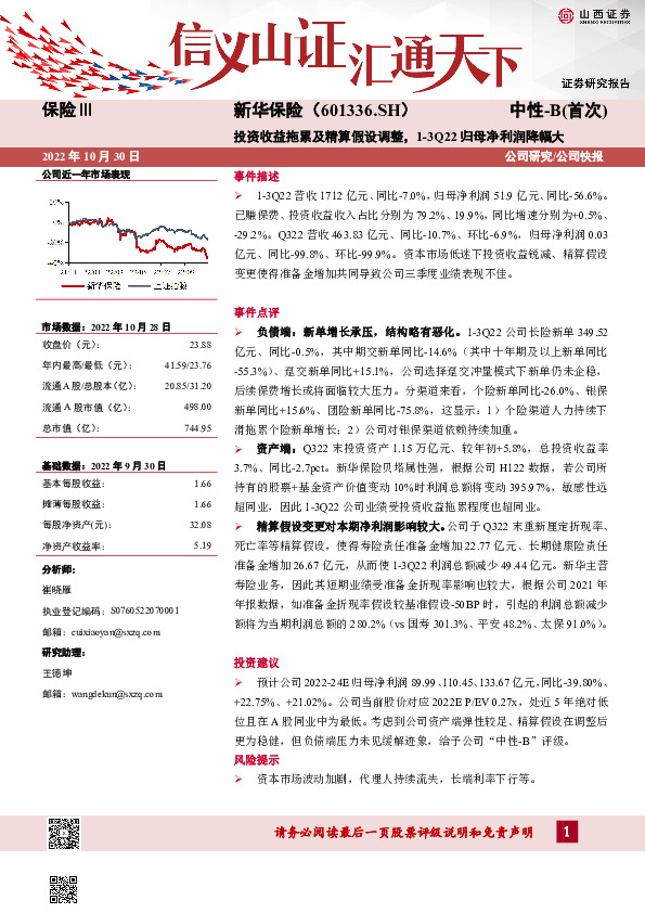 投资收益拖累及精算假设调整，1-3Q22归母净利润降幅大