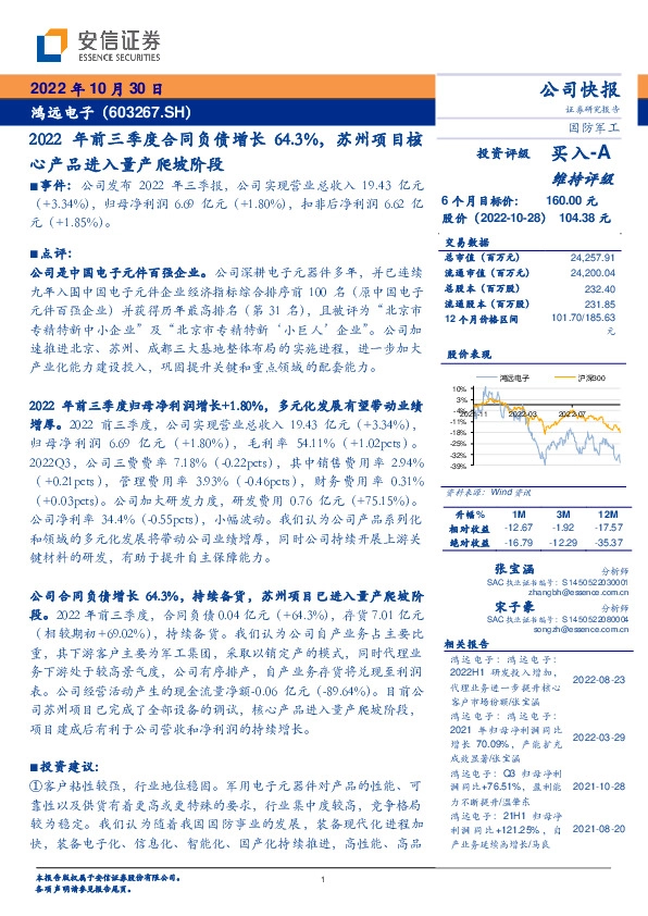 2022年前三季度合同负债增长64.3%，苏州项目核心产品进入量产爬坡阶段