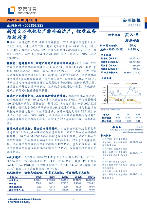 新增2万吨锂盐产能全面达产，锂盐业务持续放量