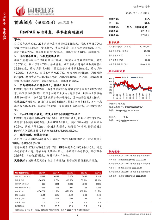 RevPAR环比修复，单季度实现盈利