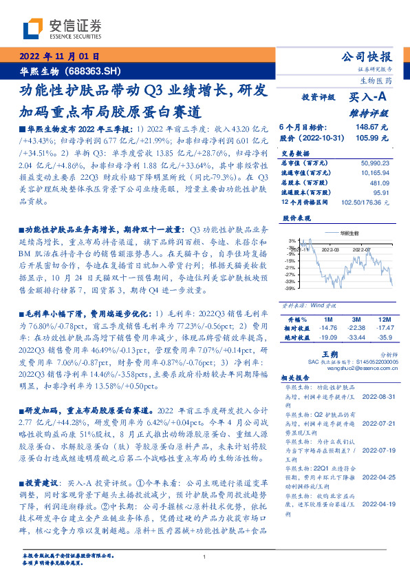 功能性护肤品带动Q3业绩增长，研发加码重点布局胶原蛋白赛道