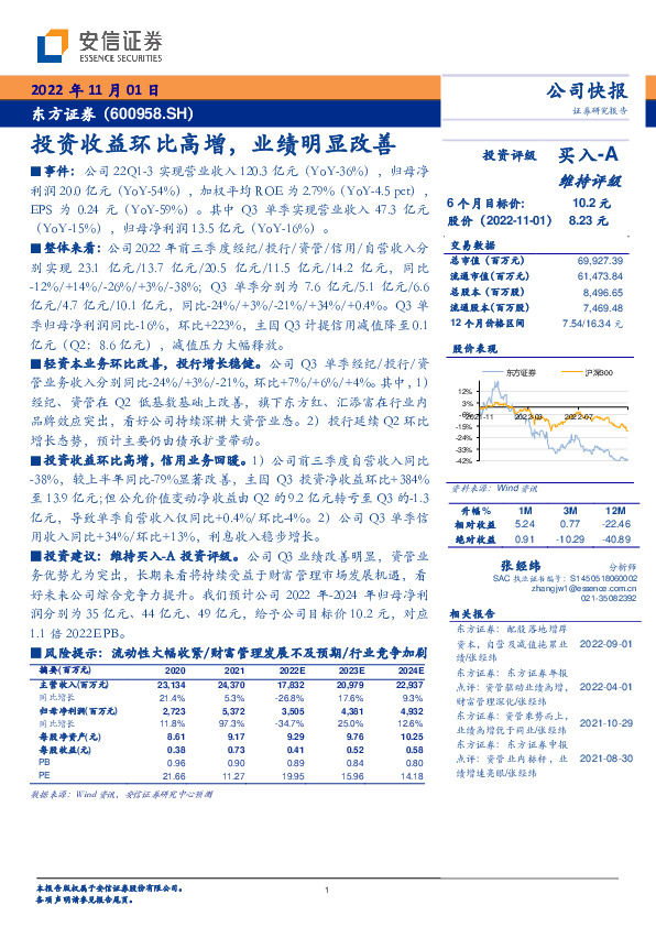 投资收益环比高增，业绩明显改善