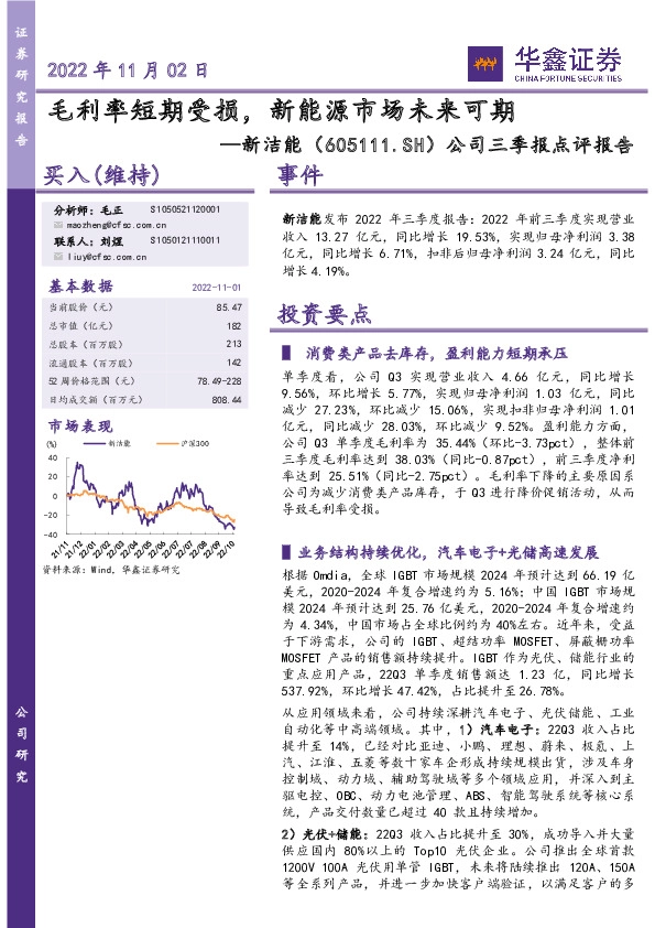 公司三季报点评报告：毛利率短期受损，新能源市场未来可期
