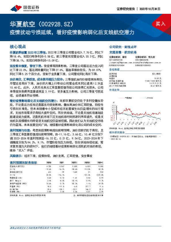 疫情扰动亏损延续，看好疫情影响弱化后支线航空潜力