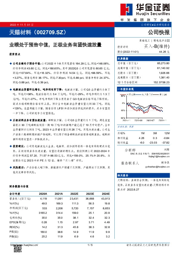 业绩处于预告中值，正极业务有望快速放量