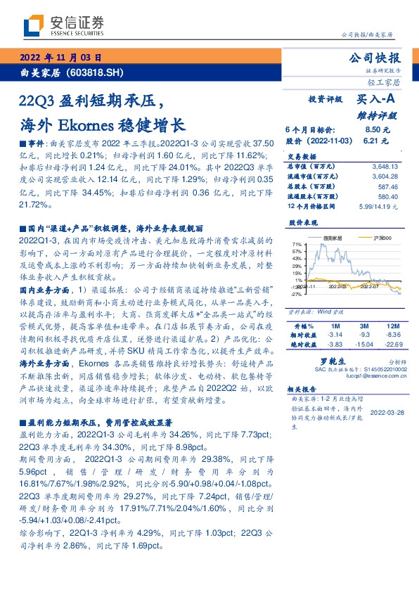 22Q3盈利短期承压，海外Ekornes稳健增长