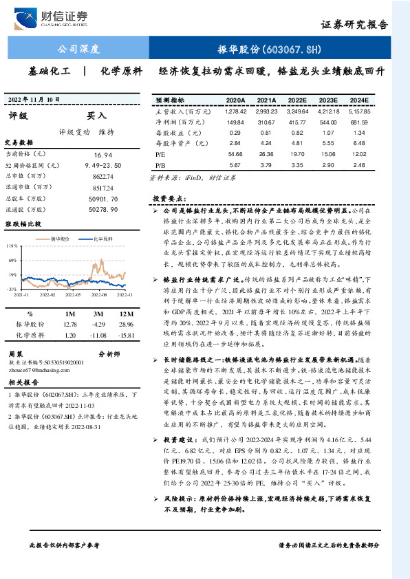 经济恢复拉动需求回暖，铬盐龙头业绩触底回升